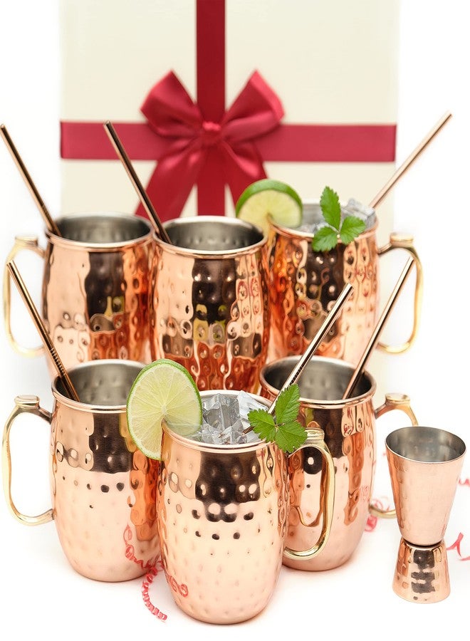 Kitchen Science [Gift Set] Moscow Mule Mugs, Stainless Steel Lined Copper Moscow Mule Cups Set of 6 (18oz) w/Straws, Jigger, Spoon & Brush | Tarnish-Resistant Stainless Steel Interior - Image 1